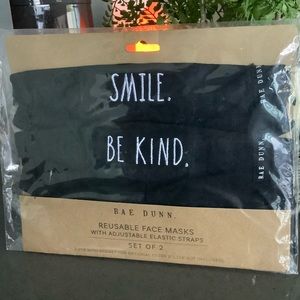 Rae Dunn Reusable Face Masks w/adjustable Elastic Straps Set of 2 SMILE. BE KIND
